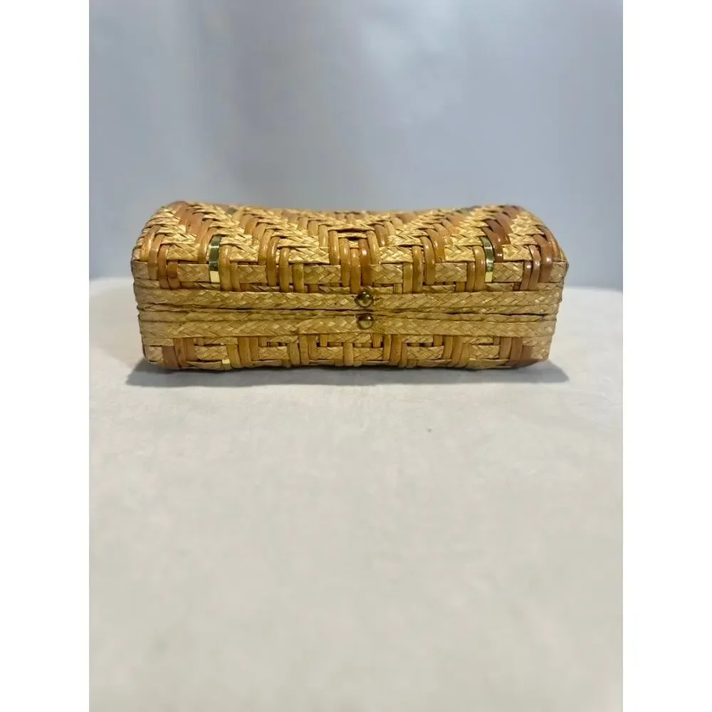 Box Purse Chevron Pattern Wicker Rattan Vintage 1960s Wooden Handle Boho 10x7x4